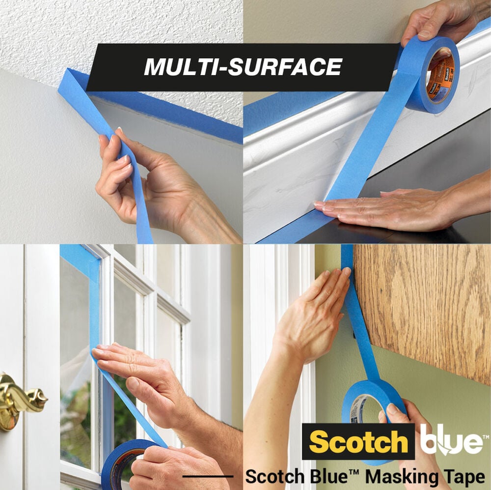 Blå maskeringstejp appliceras på vägg, list, fönster, trä.