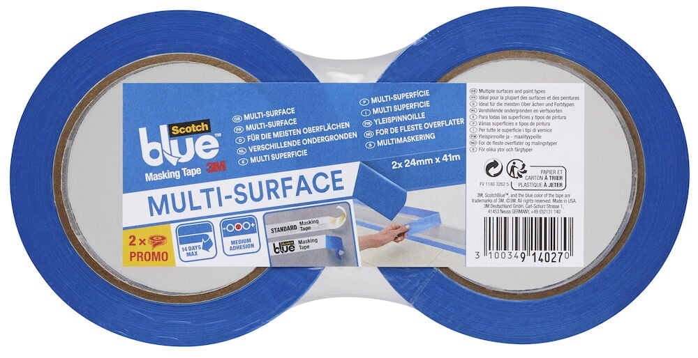 Två blå rullar maskeringstejp i plastförpackning.