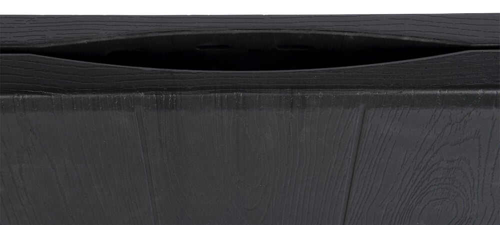 Svart hopfällbart bord med träliknande yta och handtag.