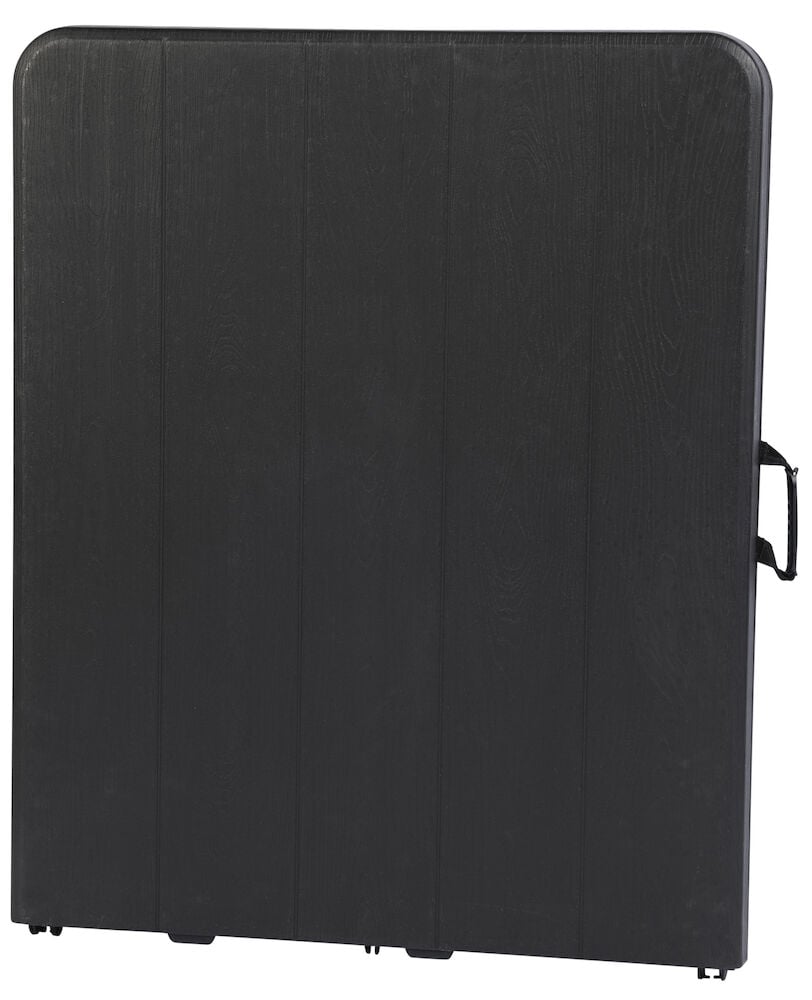 Hopfällt svart bord med bärhandtag synligt.