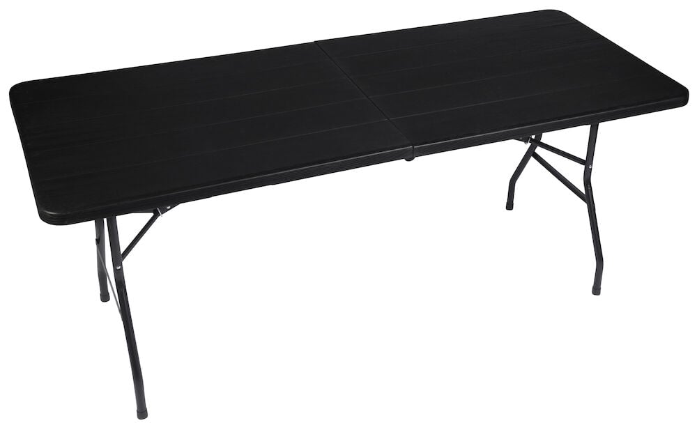 Musta kokoontaitettava pöytä metallijaloilla ja puuta muistuttavalla pinnalla.