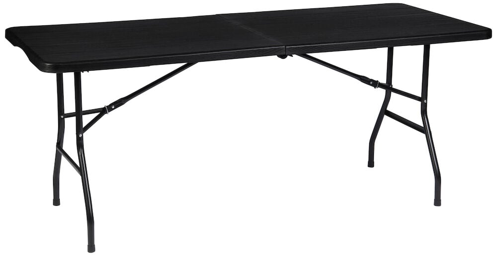 Hopfällbart svart bord med metallben och träliknande yta.