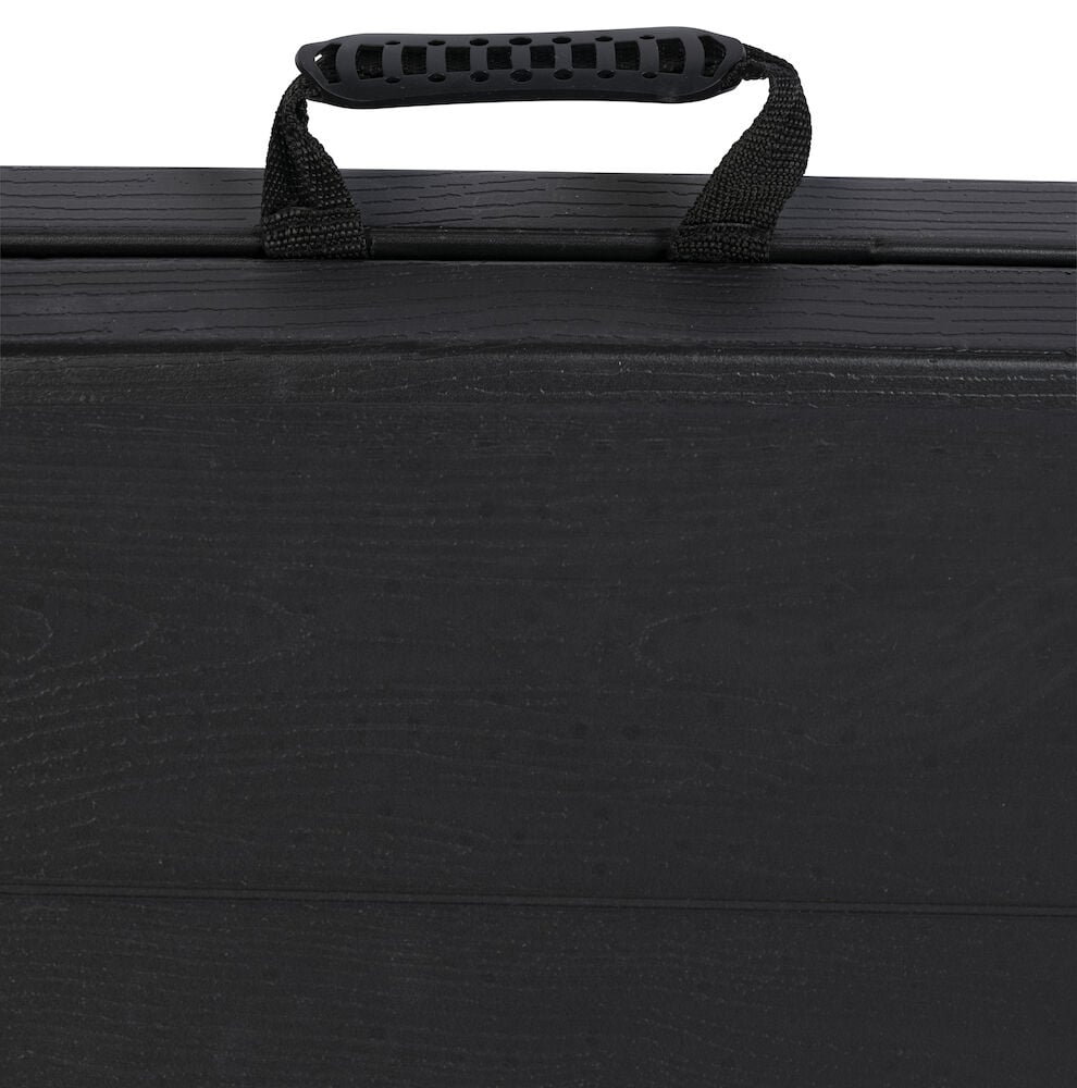 Hopfällbart svart bord med bärhandtag upptill.