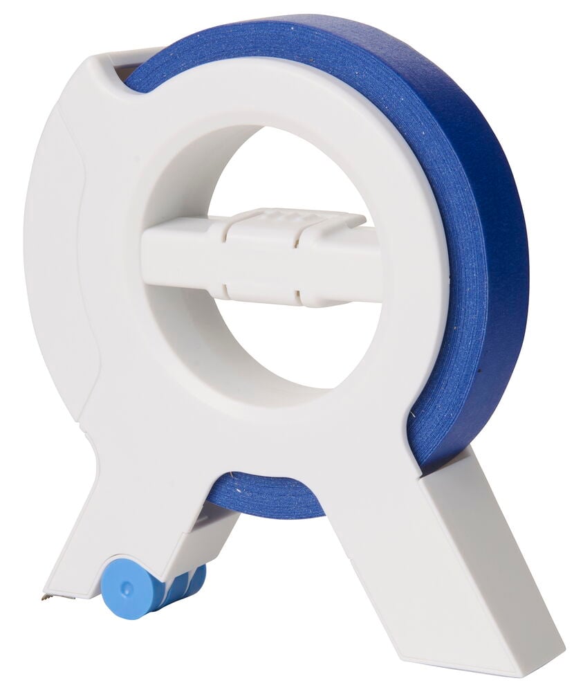 En hvit teipdispenser i plast med en rull blå teip og et lite blått hjul.