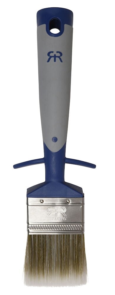 Vinkelpensel med blått och grått ergonomiskt handtag.