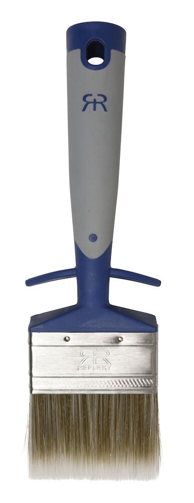 Vinkelpensel med syntetbust og blått håndtak.