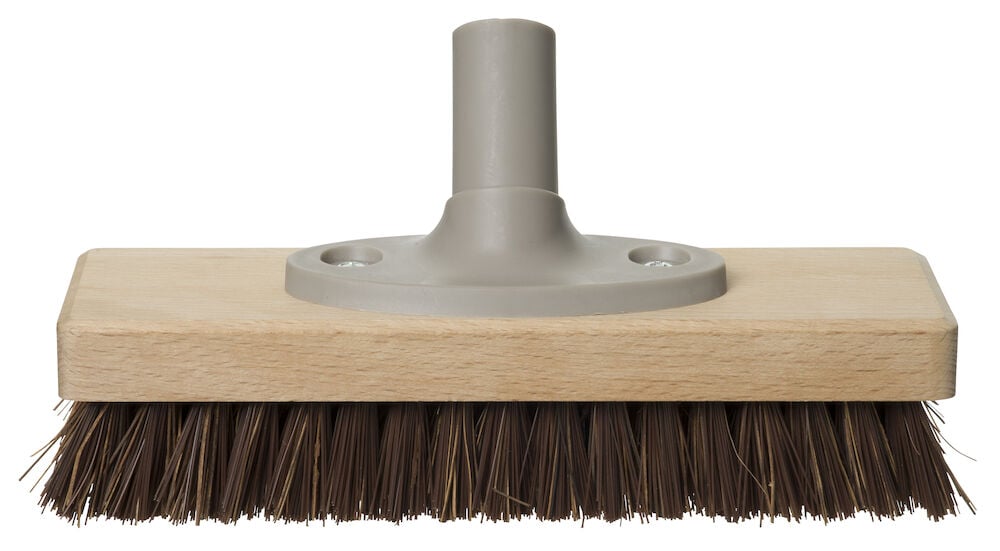 Skrubborste med trähandtag och bruna borst.