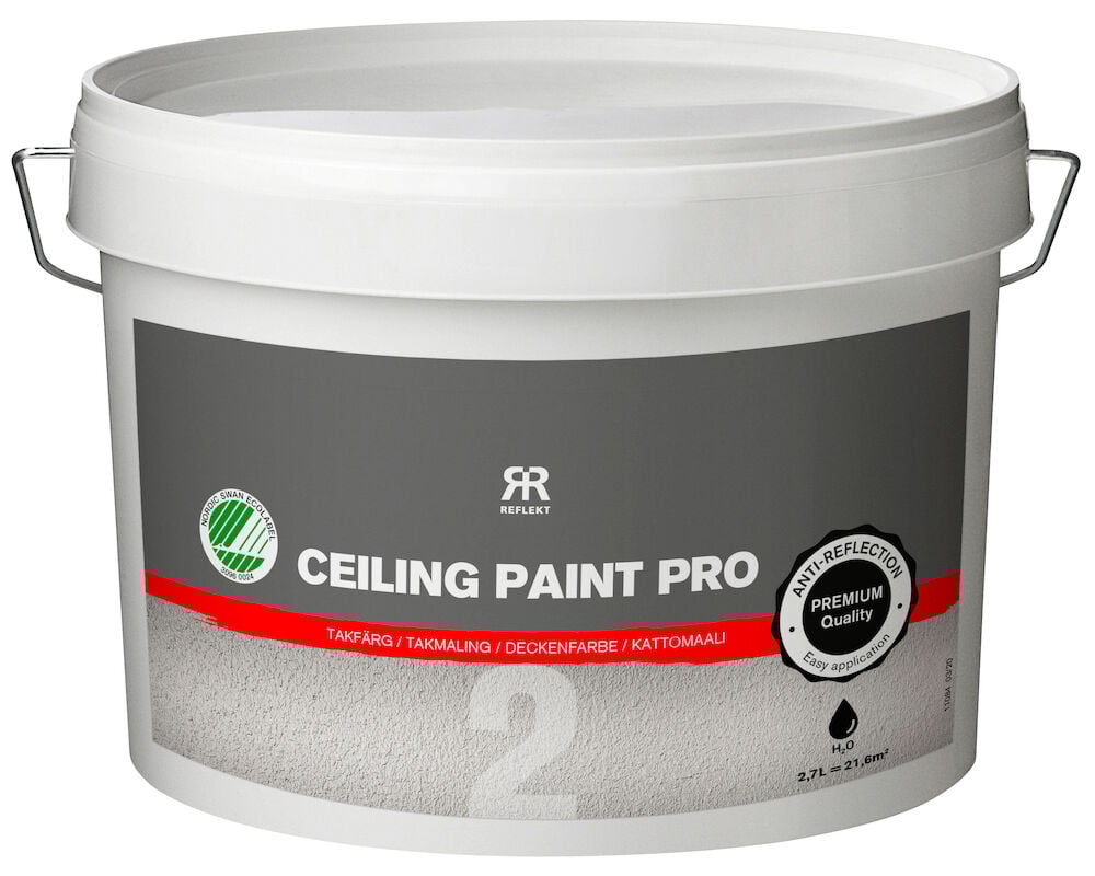 Hvit bøtte takmaling med grå etikett og håndtak.