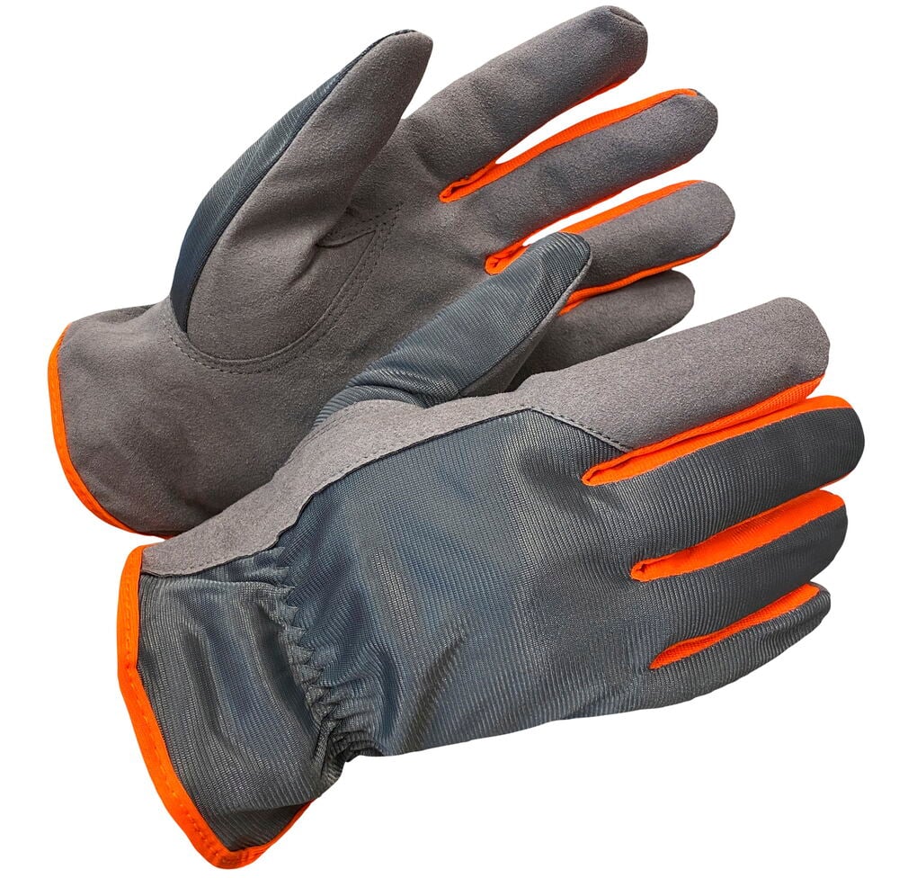 Harmaat ja mustat työhanskat oransseilla yksityiskohdilla.