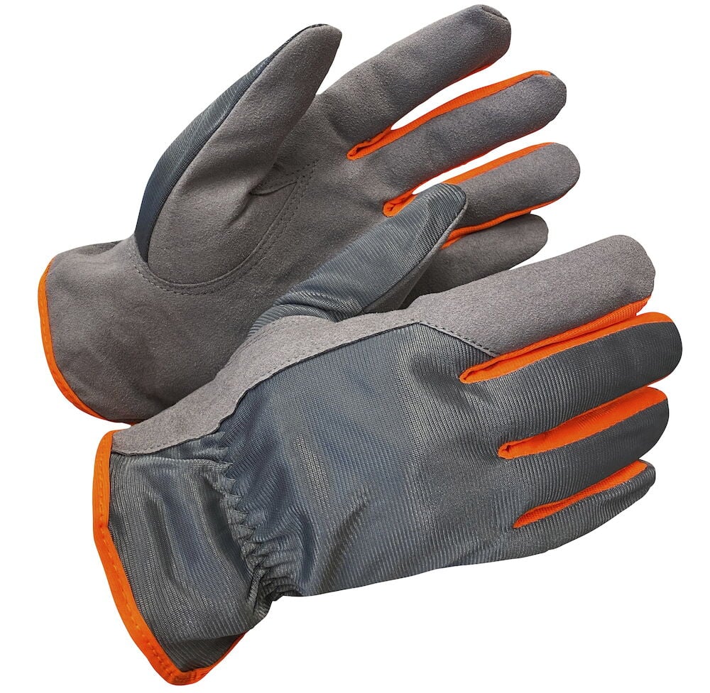 Harmaat työhanskat oransseilla yksityiskohdilla ja joustavalla ranteella.