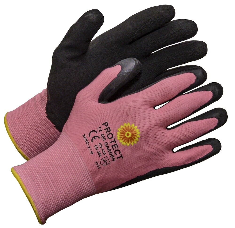 Vaaleanpunaiset puutarhakäsineet mustalla kämmenellä.