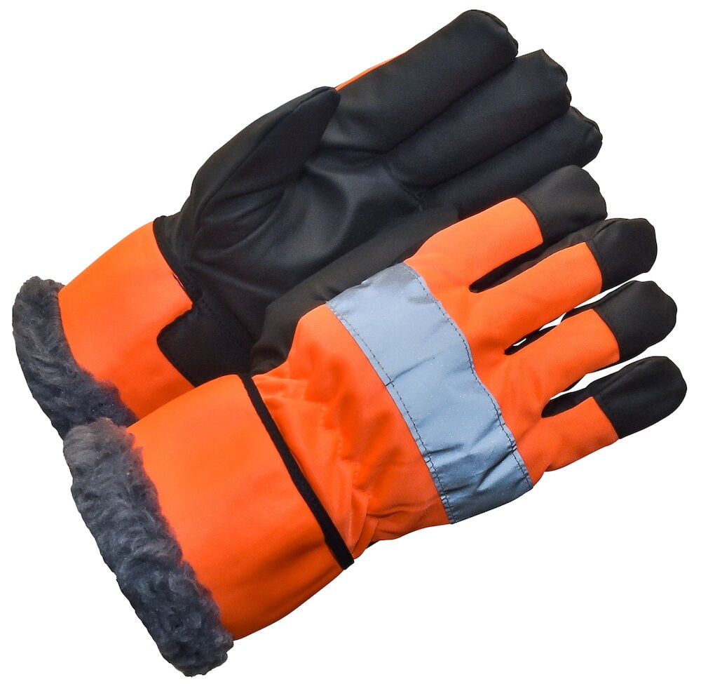 Oranssit talvihanskat, joissa on heijastin ja musta sisäosa.
