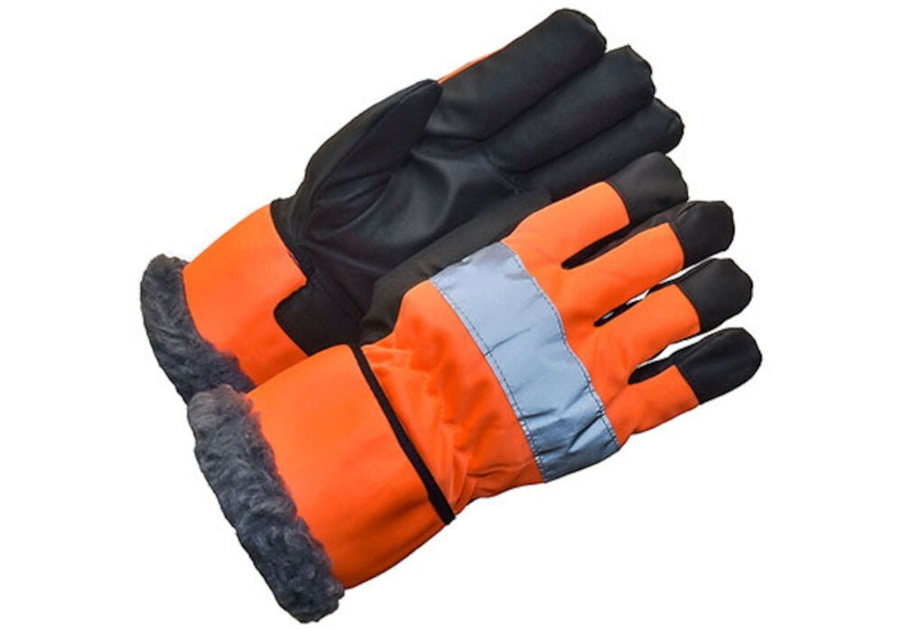 Oranssi ja musta talvikäsine, jossa on heijastinnauha ja vuori.