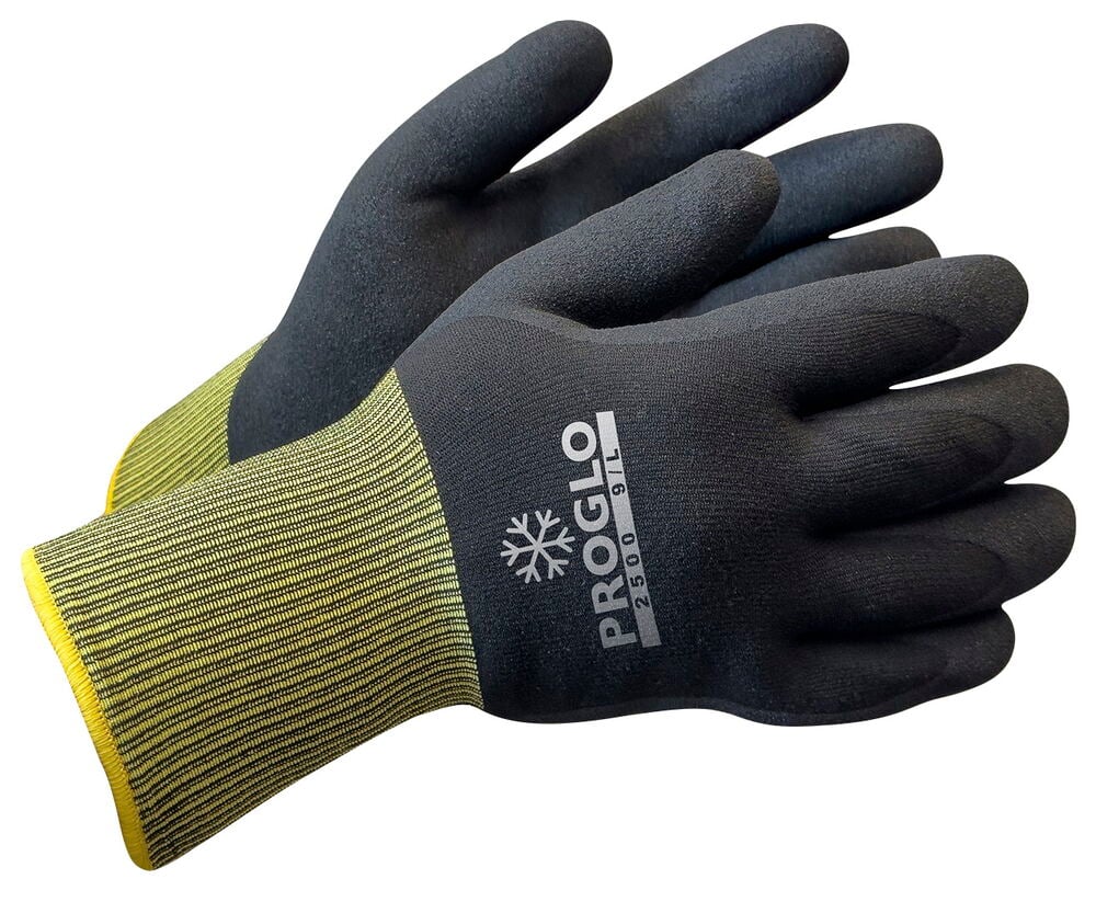 Musta työ-käsineet keltaisella resorilla ja logolla.