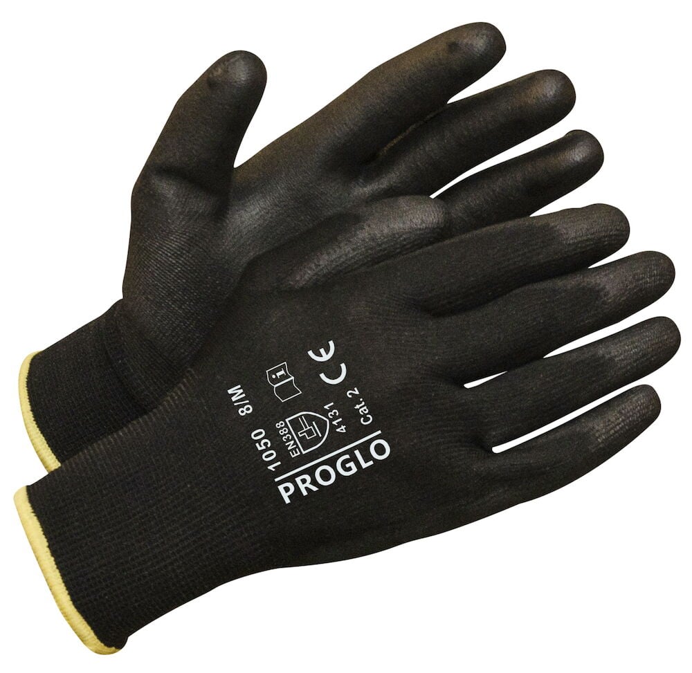 Musta polyesterityökäsineet, joissa on painatus ja keltainen reunus.
