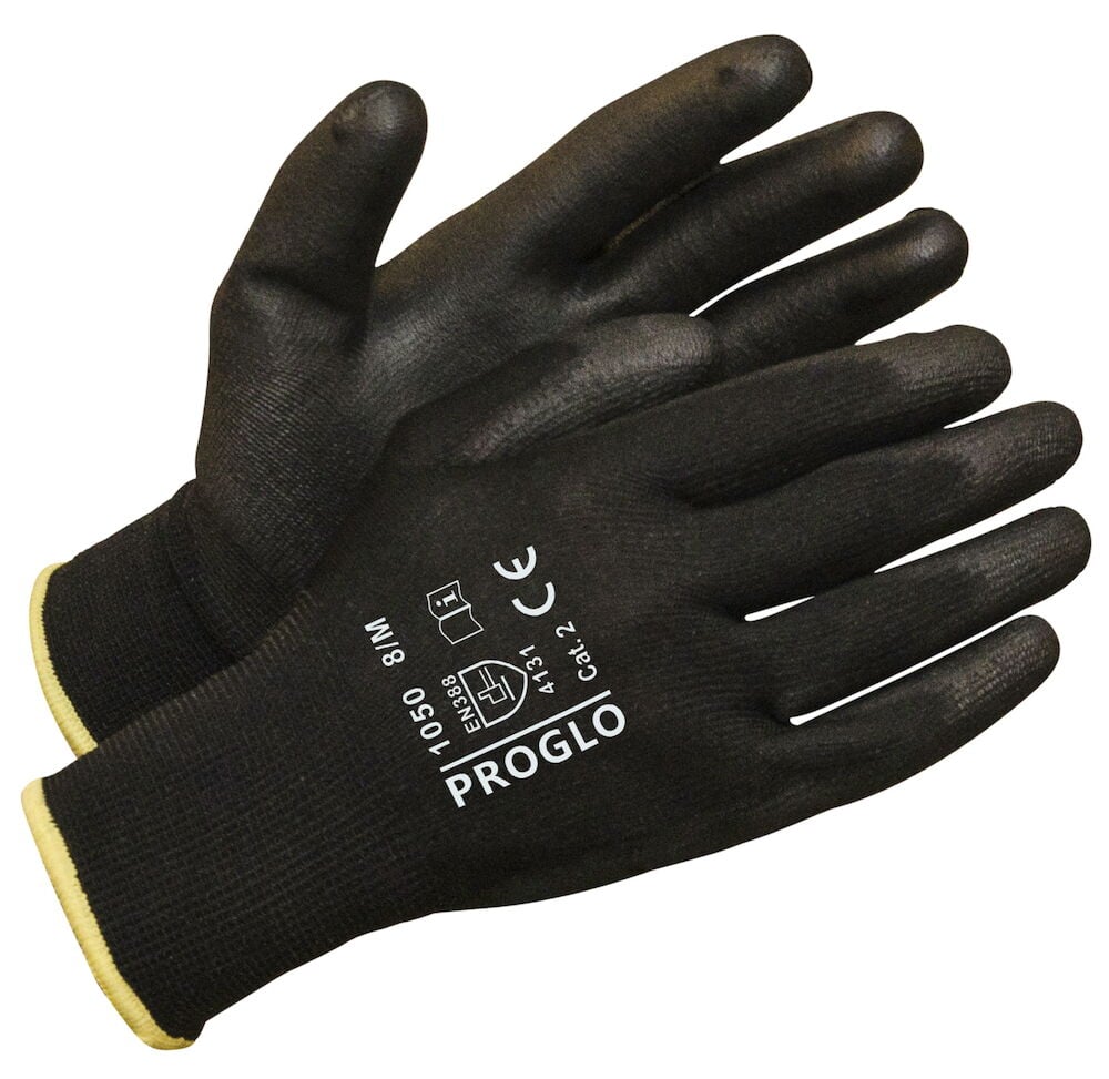 Mustat työkäsineet, joissa valkoinen teksti ja keltaiset hihansuut.