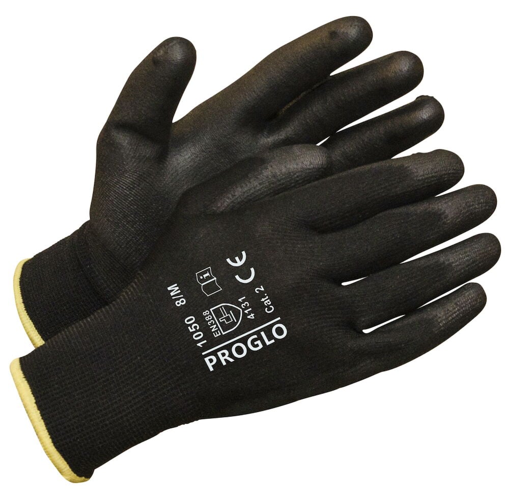 Mustat polyesterityökäsineet, joissa on teksti ja keltainen kanttinauha.