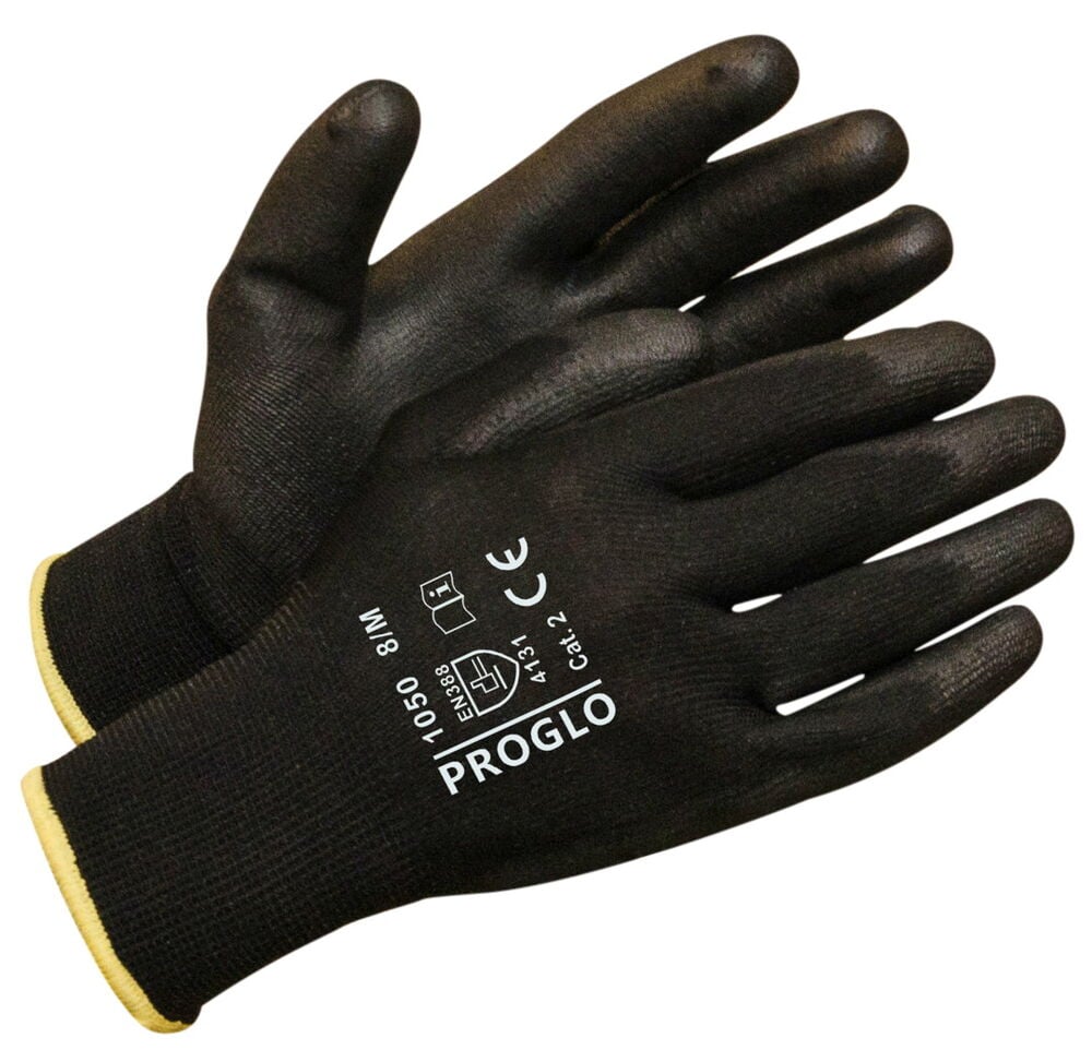 Mustat työkäsineet, joissa painettua tekstiä yläpuolella.