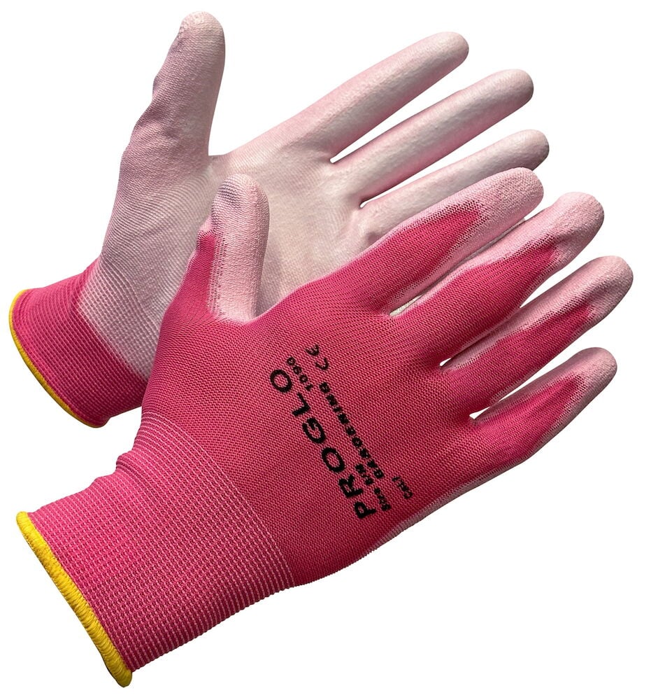 Vaaleanpunaiset työhansikkaat saumattomalla muotoilulla ja keltaisilla kalvosimilla.