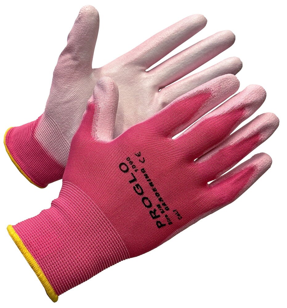 Vaaleanpunaiset nailoniset työkäsineet keltaisella reunalla.