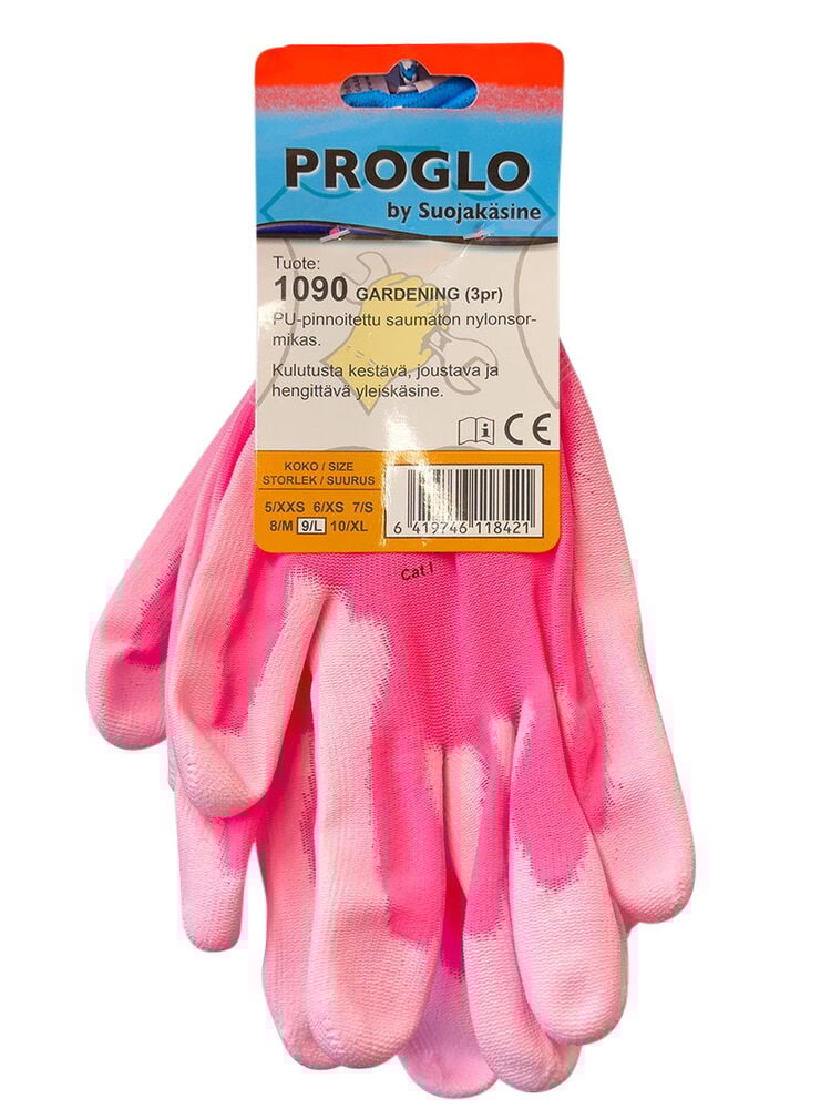 Kolme vaaleanpunaista työhanskaa etiketillä ja ripustusreiällä.