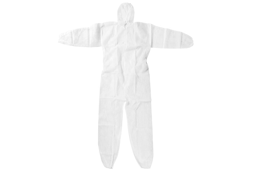 Valkoinen kertakäyttöhaalari hupulla ja vetoketjulla.