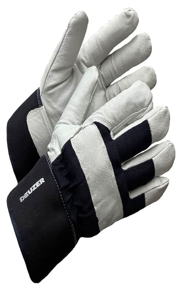 Valkoiset ja mustat nahkaiset työhanskat talvikäyttöön.