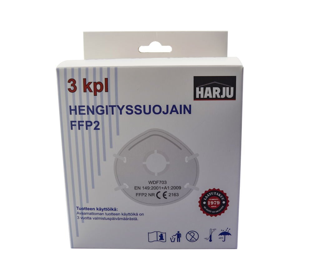 Valkoinen pakkaus, jossa on kolme FFP2-hengityssuojainta.