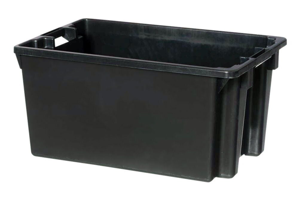 Musta pinottava muovilaatikko, jossa on kahvat ja etiketin kiinnike.