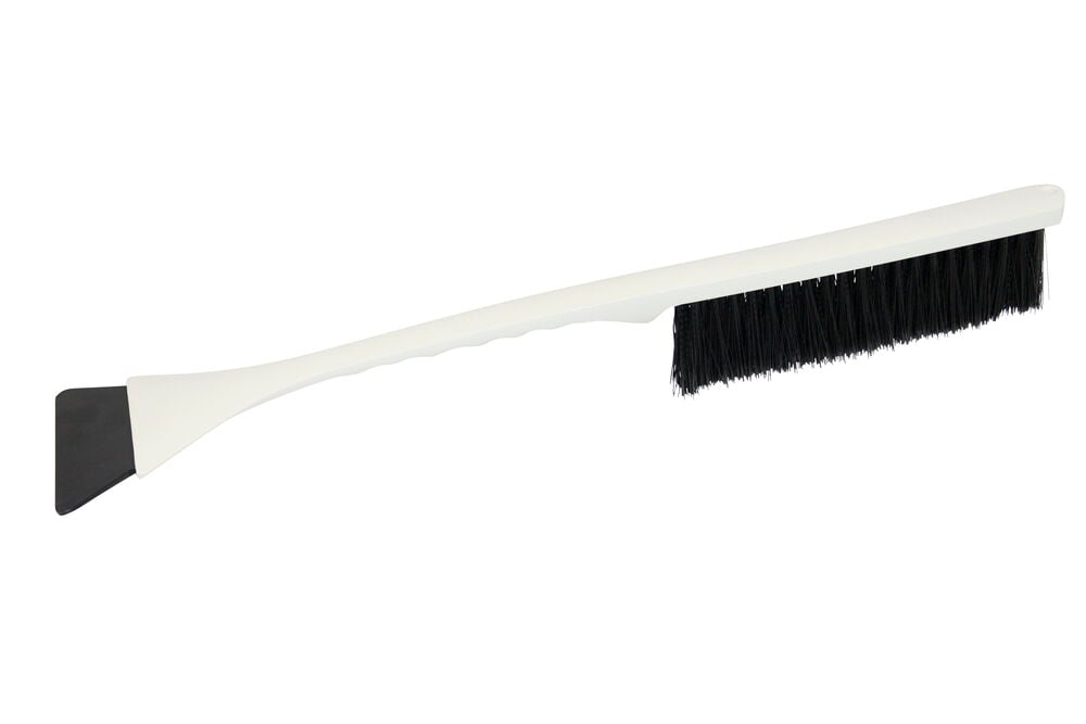 Valkoinen lumiharja mustalla harjaksella ja jääskrapa.