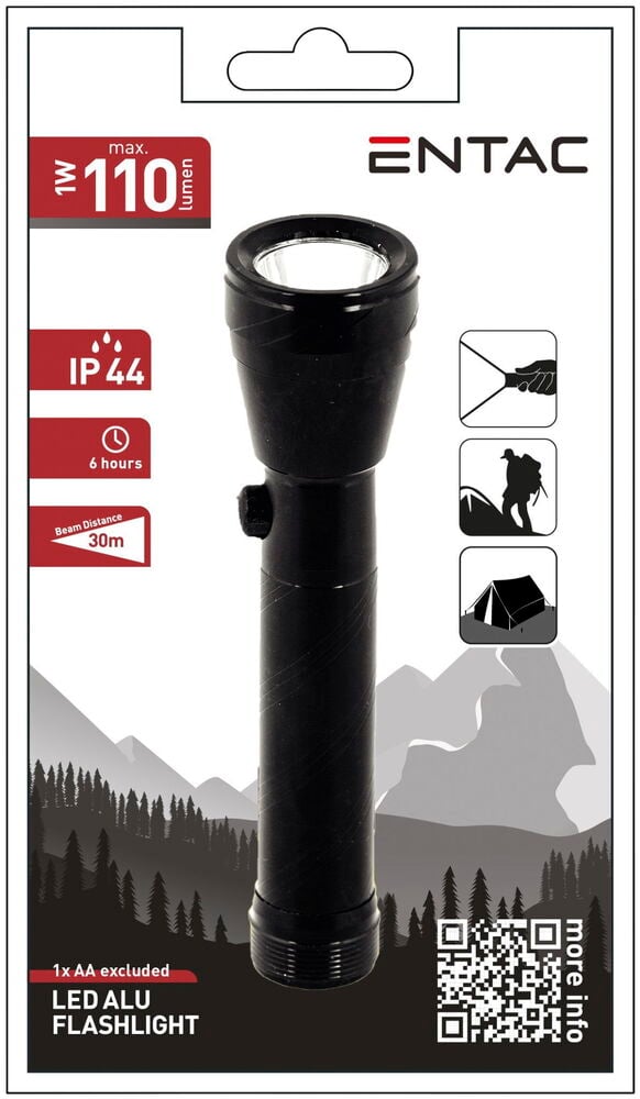 Musta alumiininen taskulamppu valkoisella taustalla.