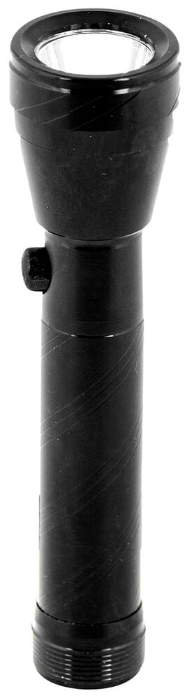 Musta alumiininen taskulamppu, jossa on painike.