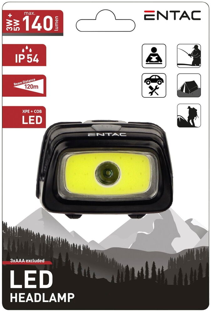 Musta LED-otsalamppu muovista tuotepakkauksessa.