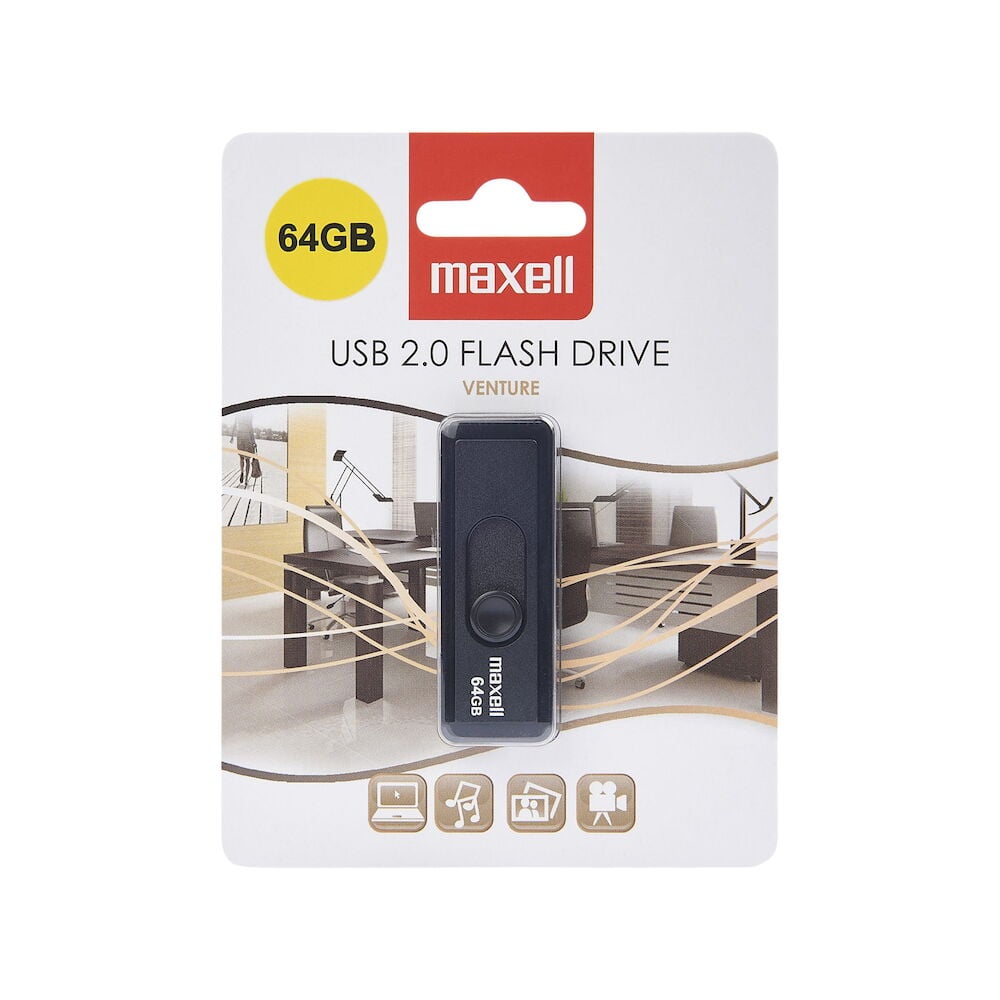 Musta USB-muisti pakkauksessa, jossa 64GB etiketti.
