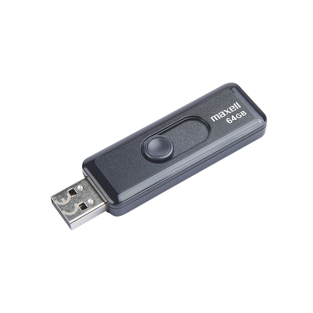 Musta USB-muisti Maxell 64 GB tekstillä.