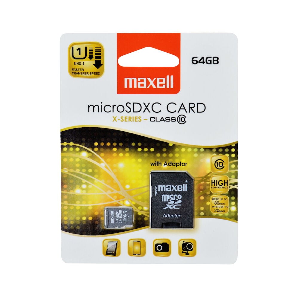 Pakkaus, jossa on Maxell microSDXC 64GB muistikortti ja adapteri.