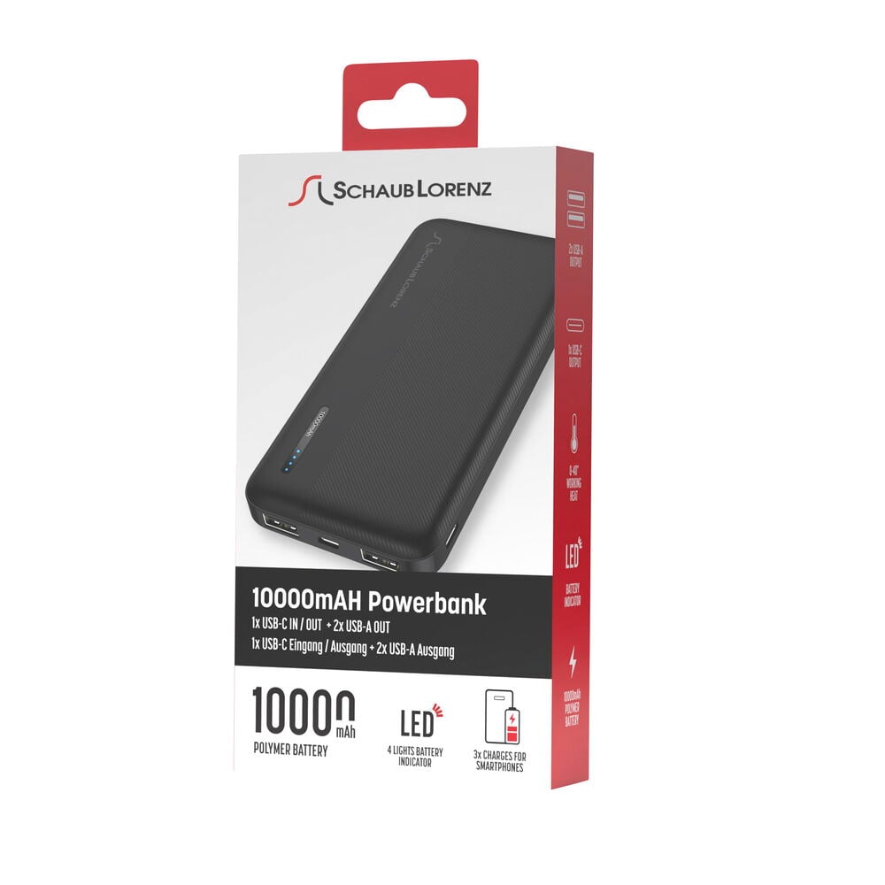 Musta varavirtalähde pakkauksessa, jossa on punainen reuna.