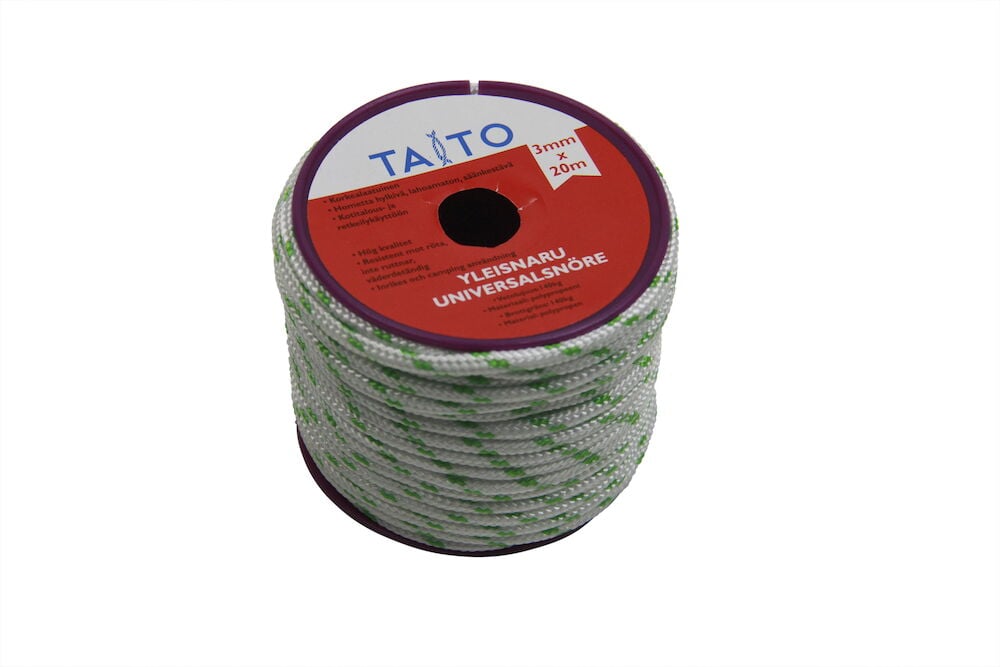 Harmaa polypropeeniköysi kelalla, jossa on punainen etiketti.