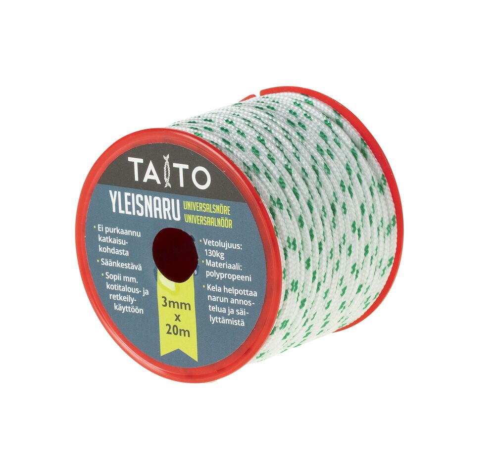 Rulla valkoista ja vihreää polypropeeninarua.