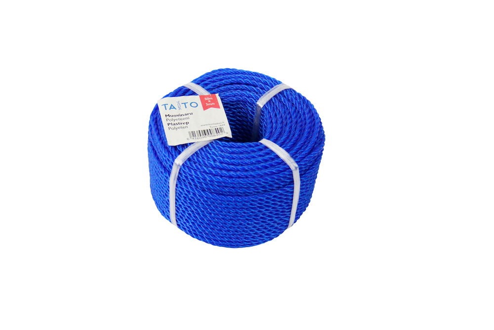 Sininen polyeteeninaru rullalla tuotetarralla.