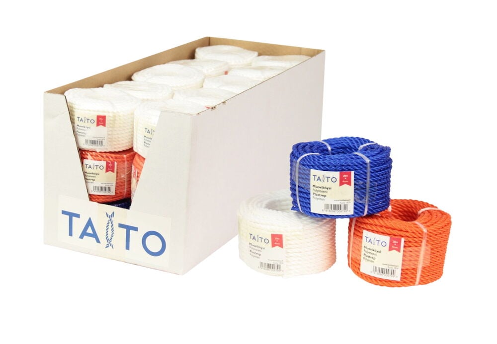 Kolme polyeteeninauhaa sinisessä, valkoisessa ja punaisessa.