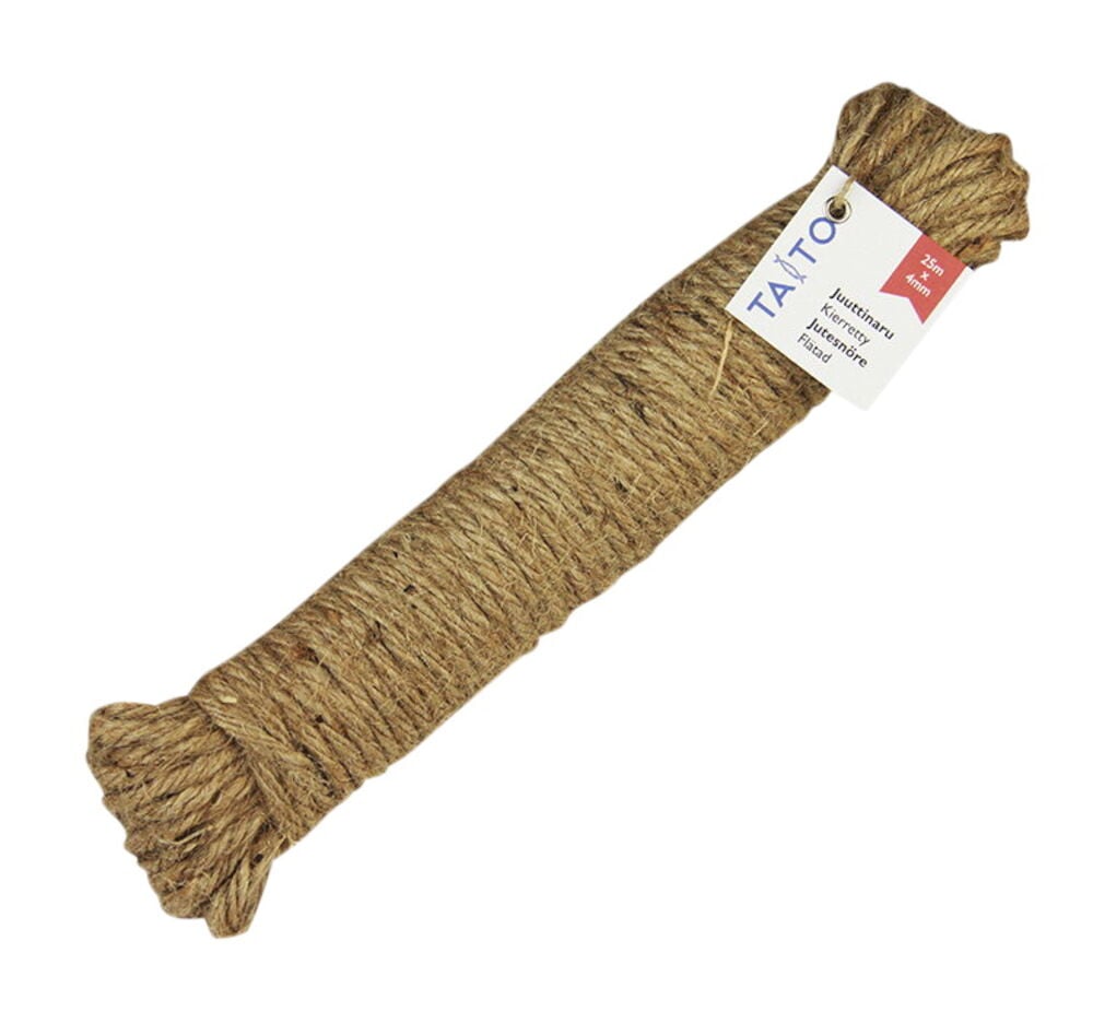 Luonnollinen juuttinaru rullattu paperietiketillä.