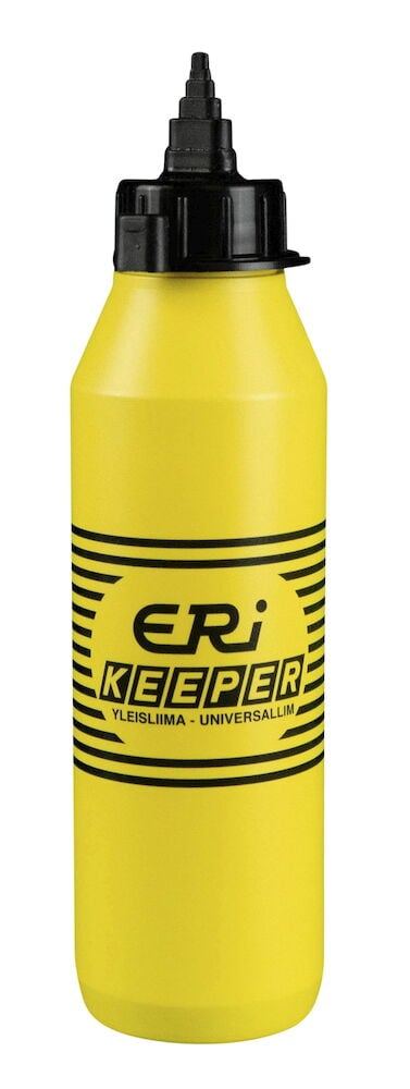 Keltainen muovipullo mustalla korkilla ja etiketillä.