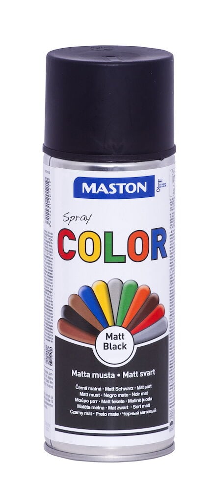 Musta spraypurkki, jossa etiketti Maston matta musta.