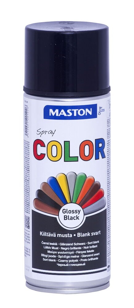 Spraypurkki, jossa on musta kiiltävä maali Mastonilta.