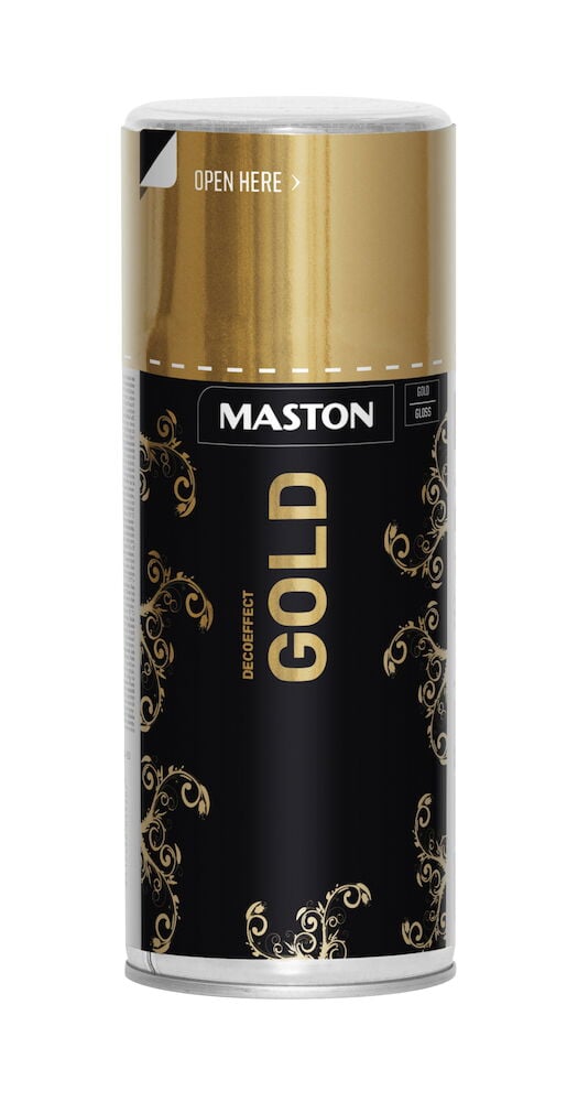 Spraymaali, jossa on mustaa ja kultaista koristelua.