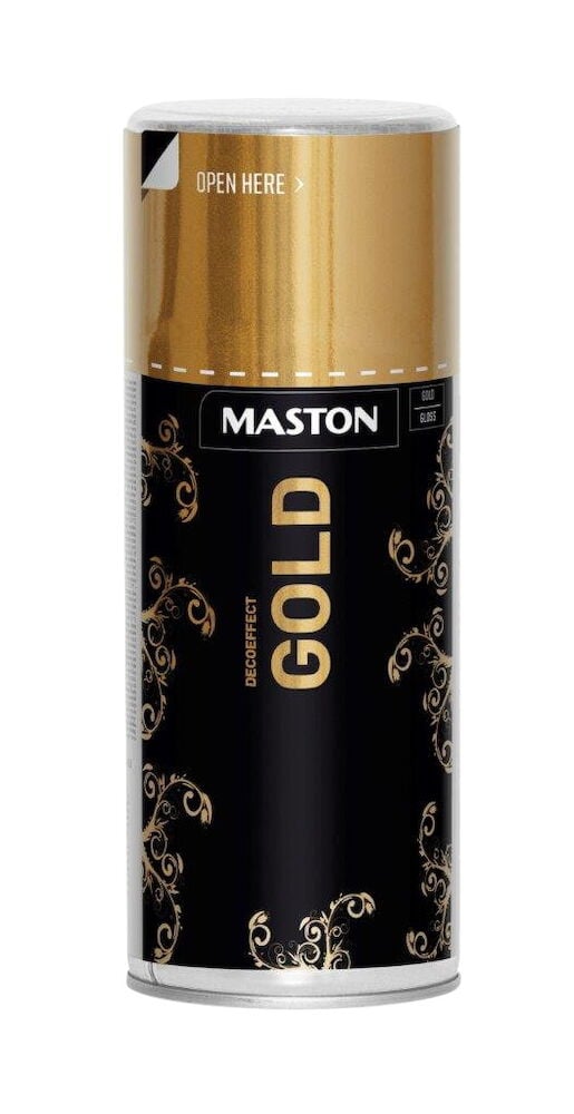 Musta ja kultainen spraypurkki koristeellisilla yksityiskohdilla.