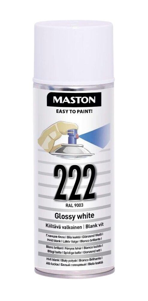 Valkoinen spraypurkki kiiltävällä pinnalla ja mustalla tekstillä.