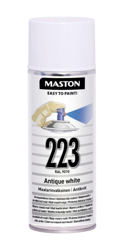 Valkoinen Maston spraypullo, jossa etiketti ja valkoinen korkki.