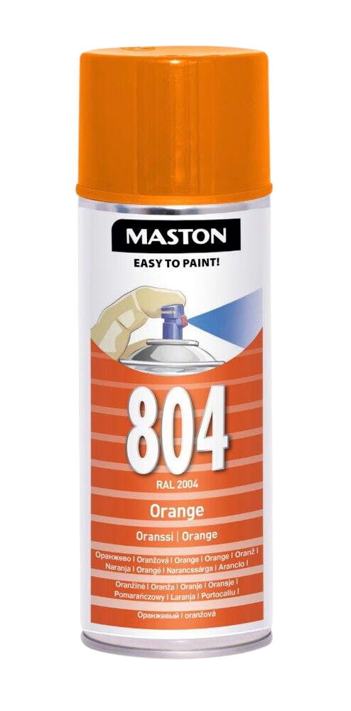 Oranssi spraypurkki, jossa kansi ja etiketti Maston 804.